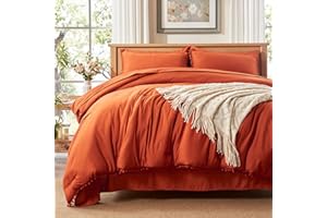 Anluoer King Comforter Set 7 Piece, Burnt Orange Bed in a Bag with Sheets, Pom Pom Boho Bedding Comforter Sets with 1 Comforter, 2 Pillow Shams, 2 Pillowcases, 1 Flat Sheet, 1 Fitted Sheet