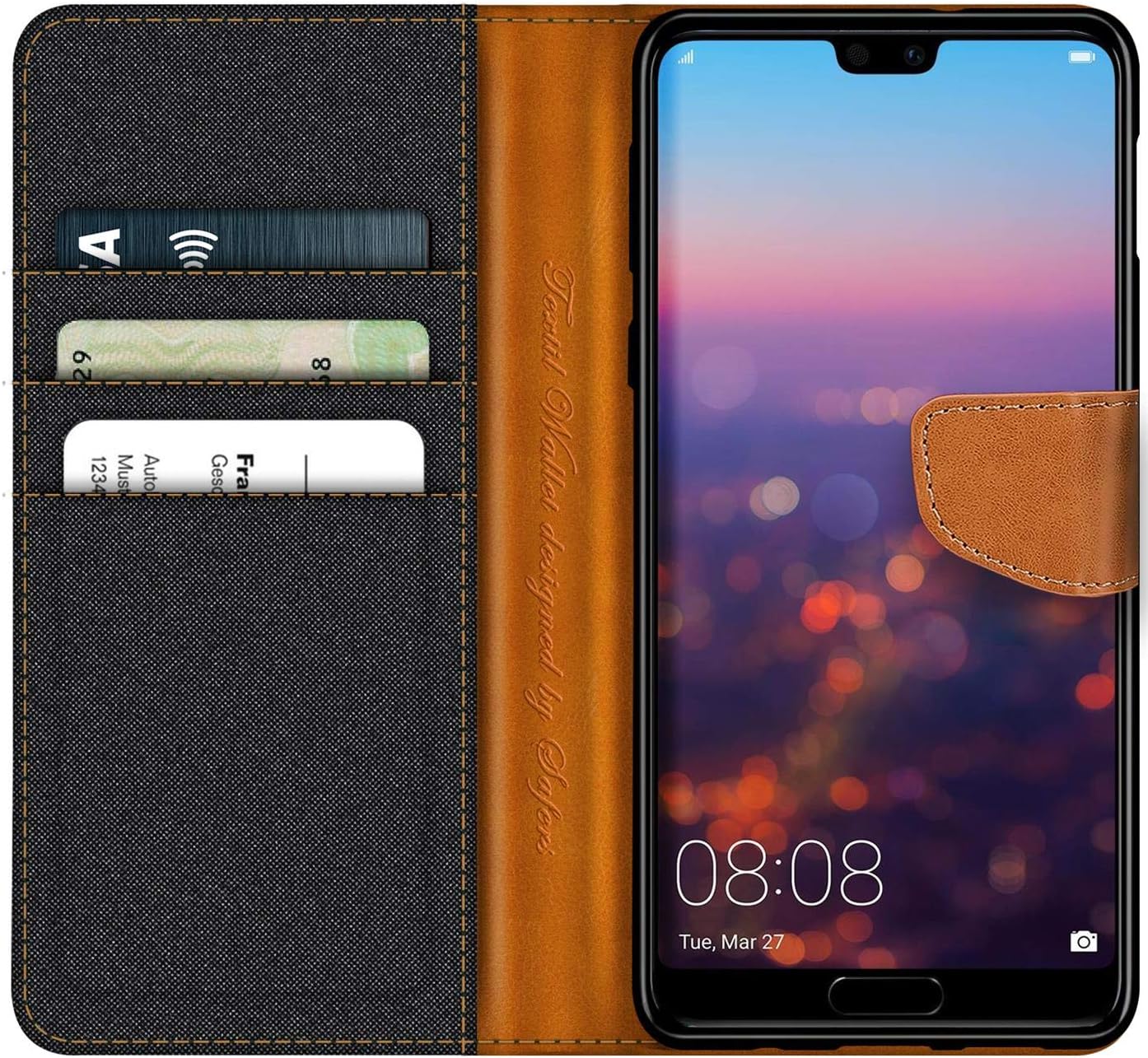 Verco Phone Wallet Case compatible with the Huawei P20 Pro, Canvas Faux Leather Book Cover for the P20 Pro Flip Case Bag Hinged - Black - Image 3