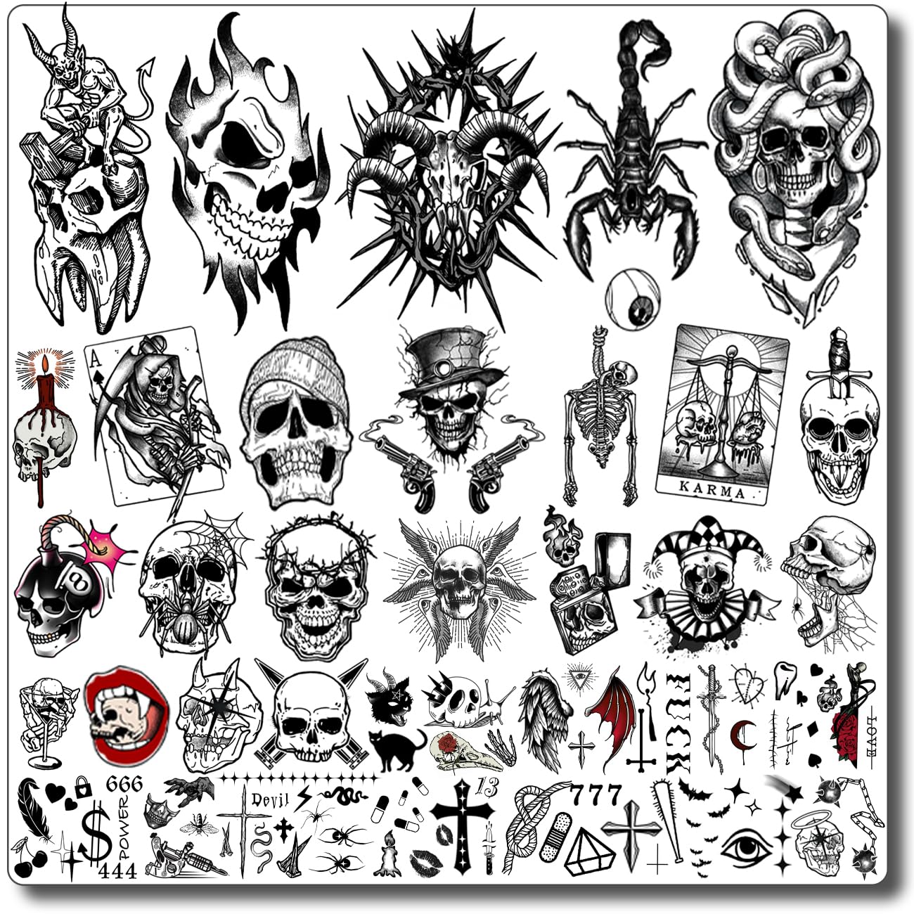 Photo 1 of CHARLENT Temporary Tattoos for Adults - Sheets Skull Fake Tattoos for Men and Women, Black Skull Tattoo Stickers