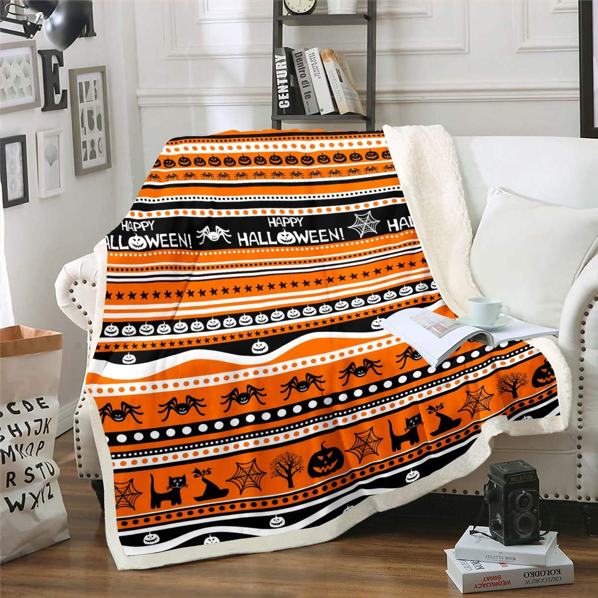 Loussiesd Pumpkin Lantern Halloween Themed Throw Blanket for Couch Chair Sofa Ghost Spider Decor Orange Black Stripe Warm Plush Blanket Baby 30"x40"