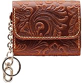 Handmade Keychain Wristlet Wallets for Women, Western Floral Leather Small Credit Card Holder with Zipper, Minimalist & Cute Coin Pouch, Genuine Leather (Camel)