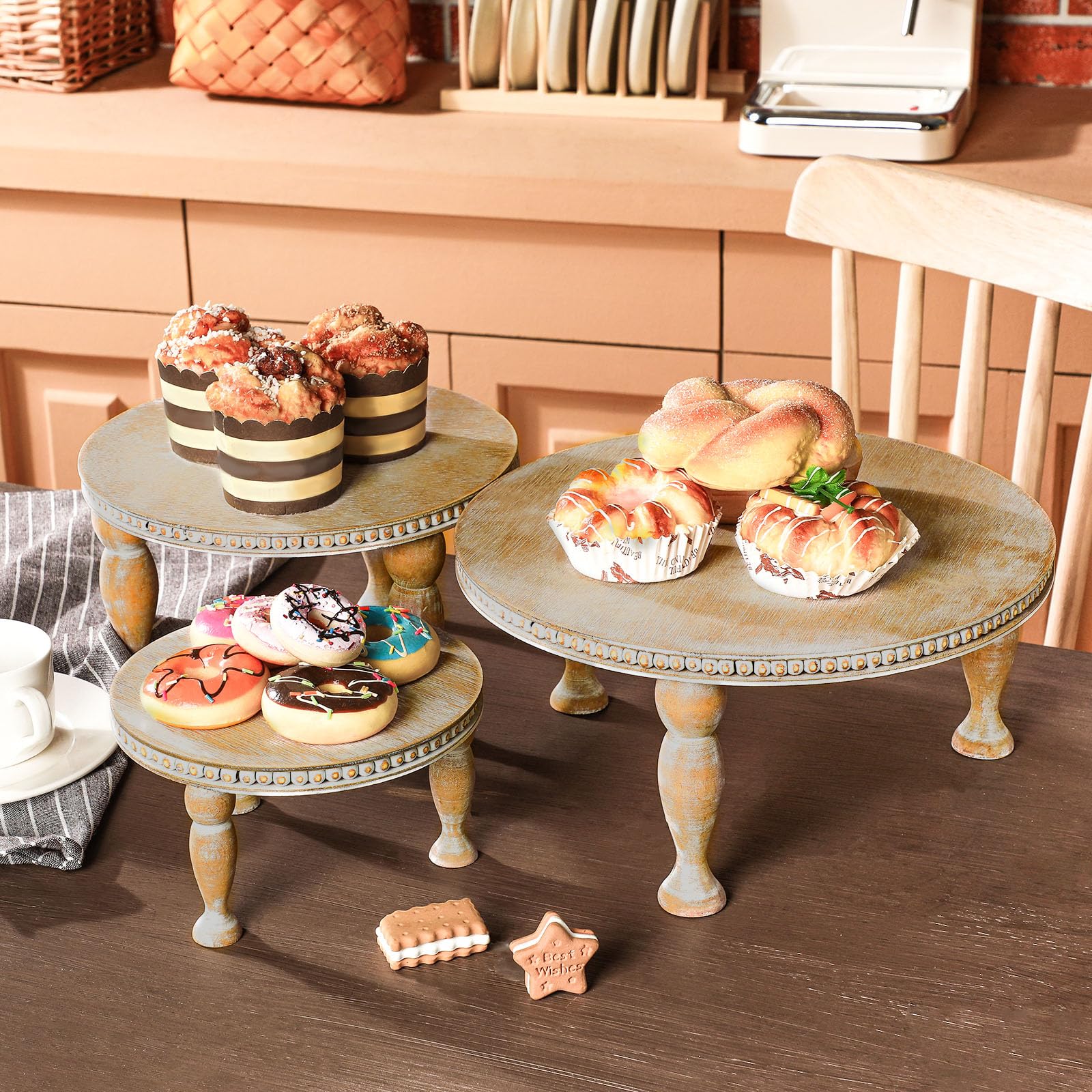 Photo 1 of Thyle Rustic Round Wood Tray Riser Set of 3 Wooden Beaded Cupcake Pedestal Stand Round Farmhouse Wood Cake Holder Multiple Sizes Dessert Stands for Wedding Birthday Decor Height 7" 9.5" 12"(Brown)