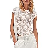 ReachMe Short Sleeve Mesh Top Women Sheer Lace Tops Cap Sleeve See Through Tops Summer Sexy Fitted Slim Fit Shirts