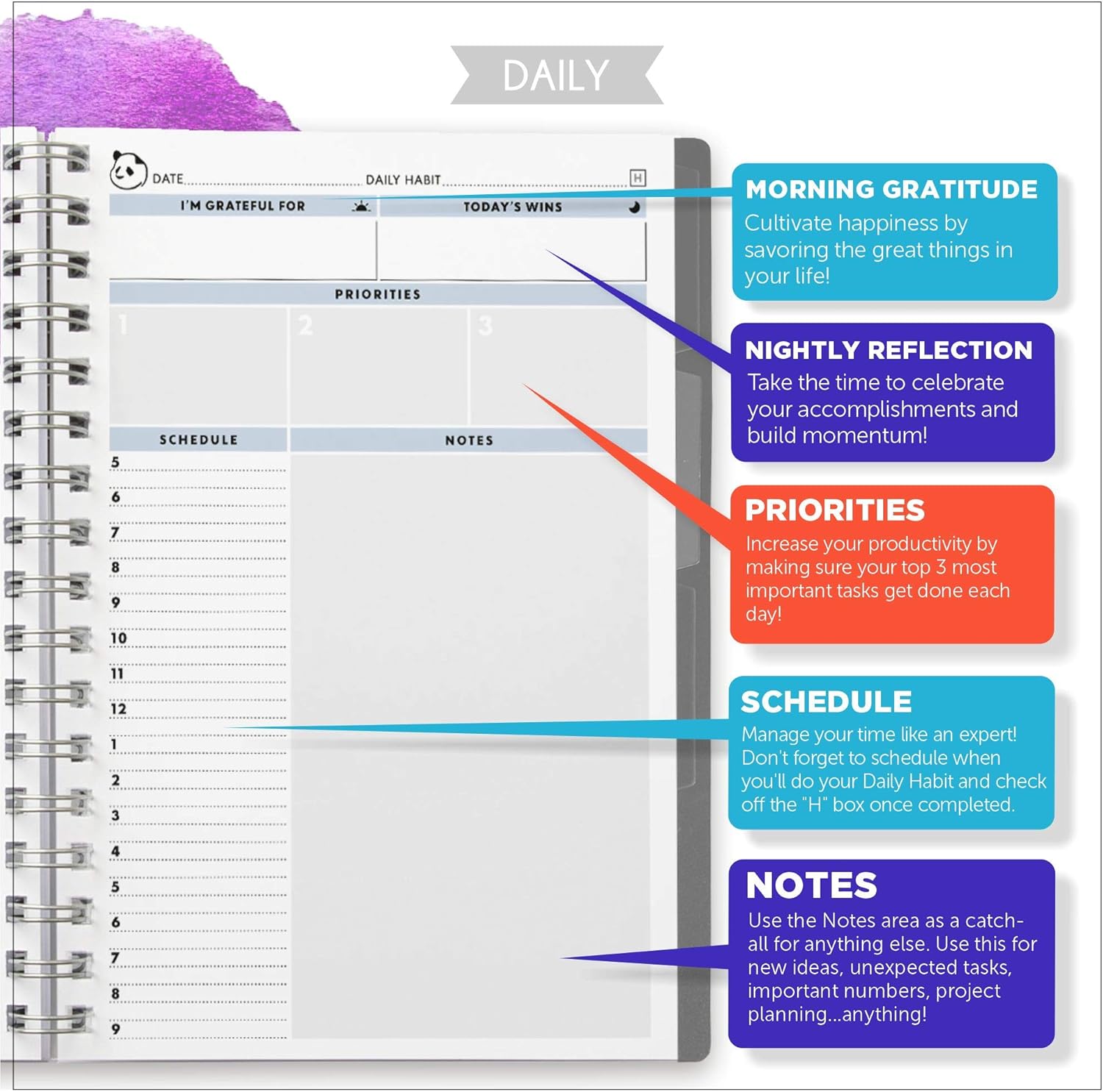 Daily Planner 2.0 - by Panda Planner 2020-2021 - Monthly Calendar, Weekly Organizer and Day Planner Sections - Undated and Wire Binding - 3 Month Planner - 8.25" x 5.75" - Gray : Office Products