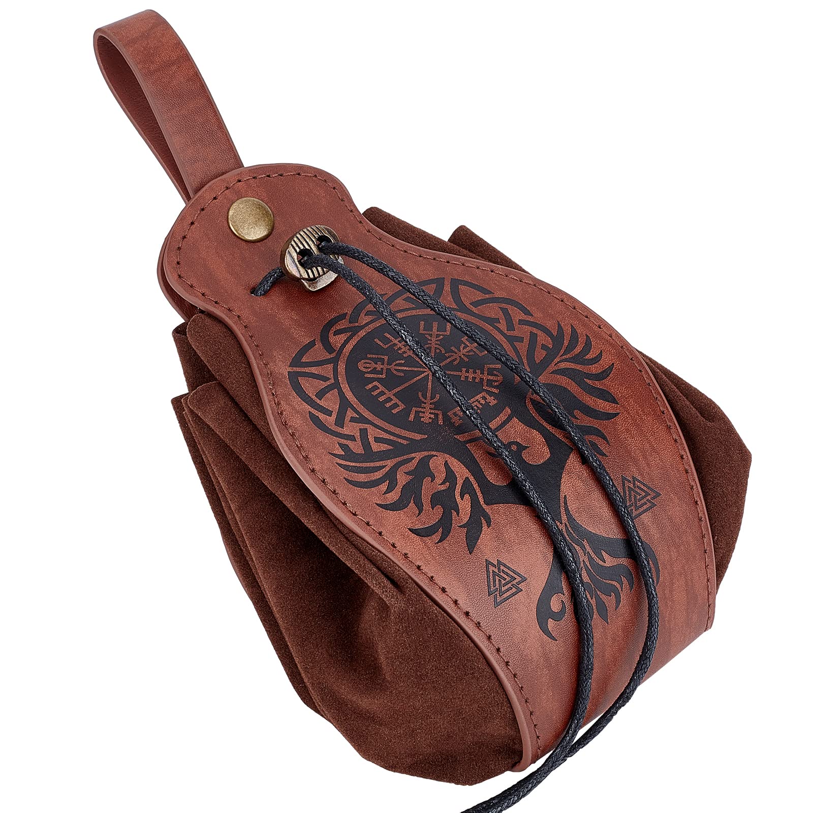 GORGECRAFT Leather Drawstring Pouch Medieval Vintage Waist Bag Phoenix Pattern Printed Portable Pack Fashion Brown Dice Coin Purse for Women Men Hiking Waist Packs Costume Accessories