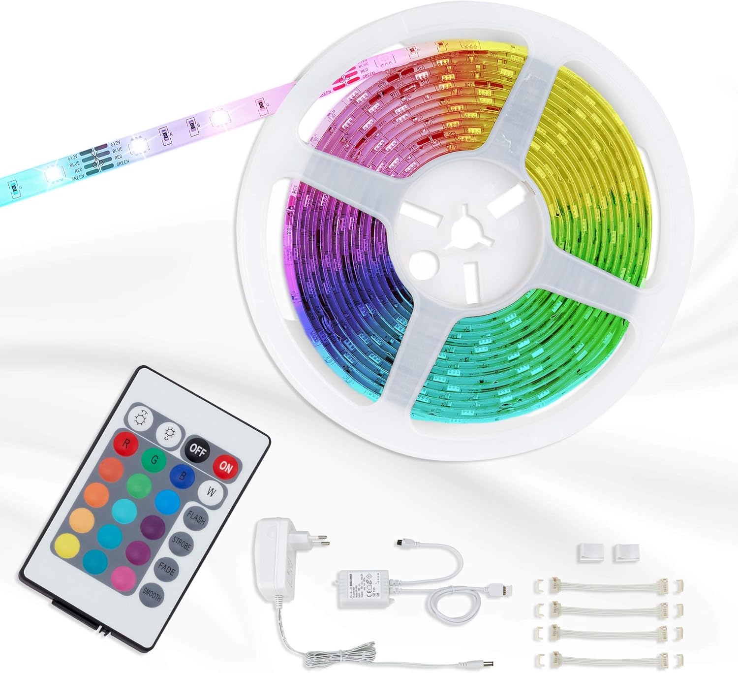 Briloner LED Strip 5m with Remote Control, 150 RGB LEDs, 24W, Warm White, Indoor Use, 500 x 1 x 0.3 cm