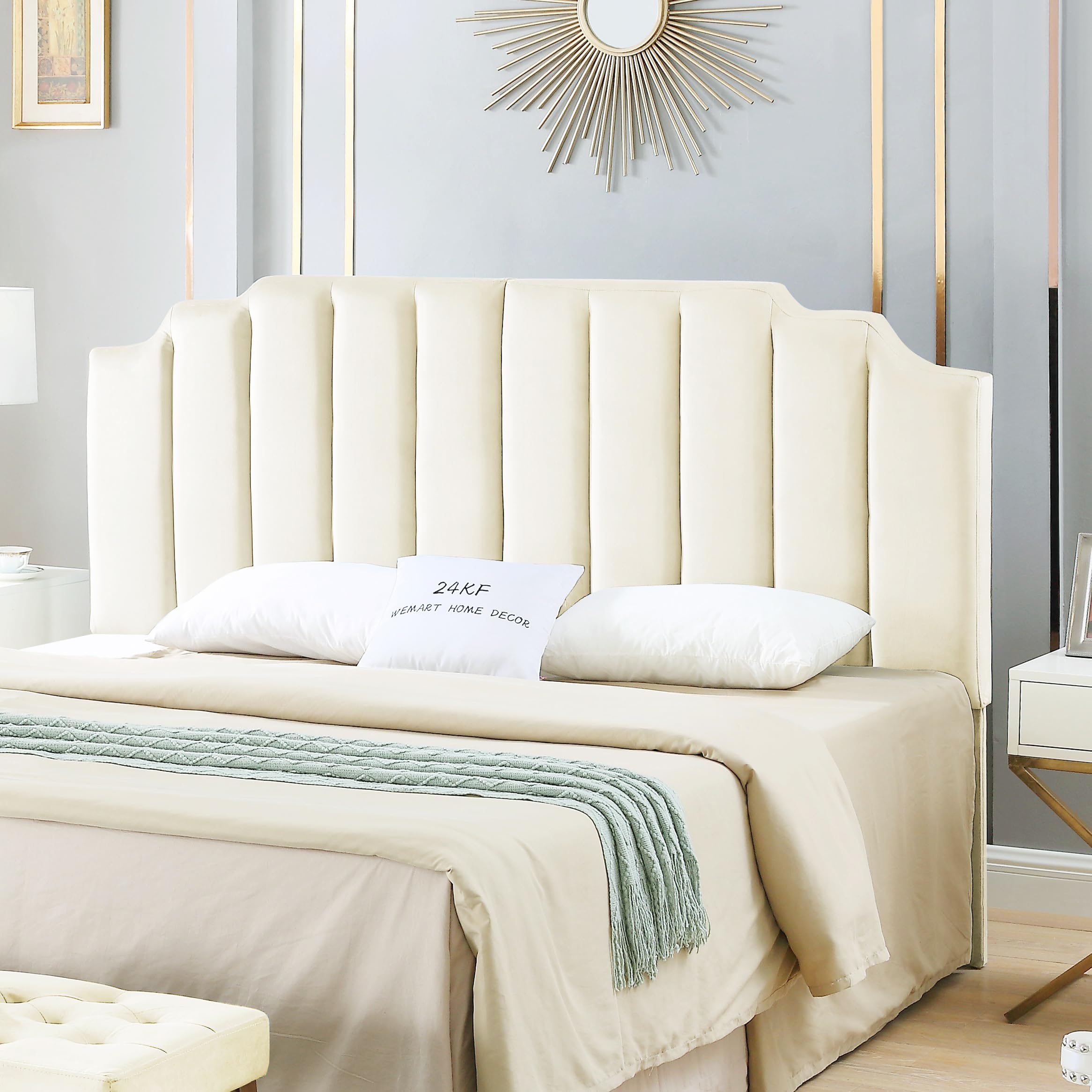 Photo 1 of 24KF Cream Velvet Tufted King Upholstered Headboard, Modern Vertical Channel Design California King Headboard with Stepped Silhouette Top Edge,Cream