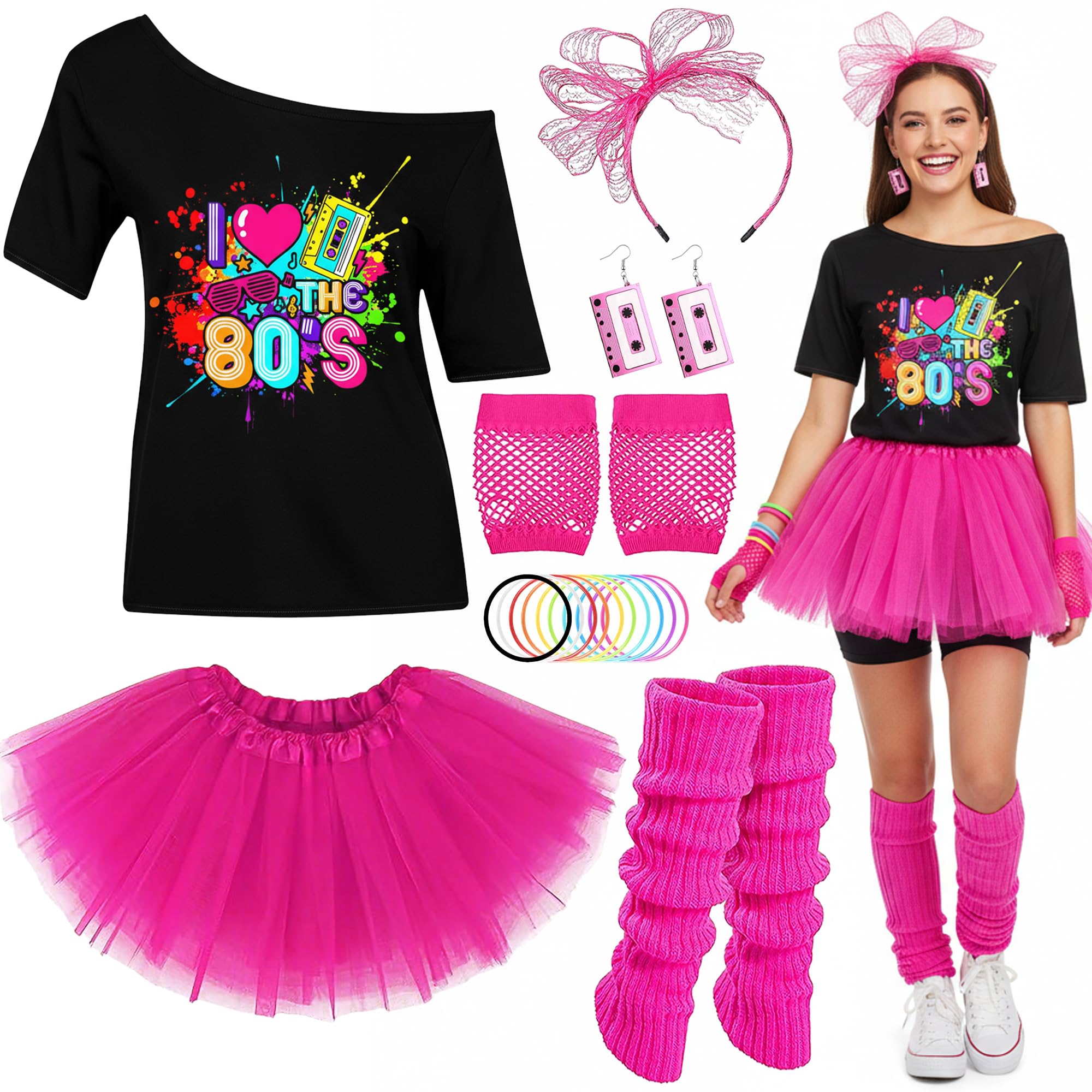 Soireeparty 80s Fancy Dress Costume for Women - Neon Retro Outfit with Tutu Skirt Fishnet Gloves and Accessories, Pink 1980s Fancy Dress Women Outfits Hen Disco Party (XXL)