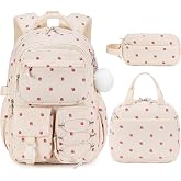 3PCS Corduroy Backpack for Girls, Girls Backpack with Lunch Box &amp; Pencil Case, Bookbag for Girl Teens Elementary Middle High School, Lightweight Laptop Backpack Travel Daypack Beige Strawberry