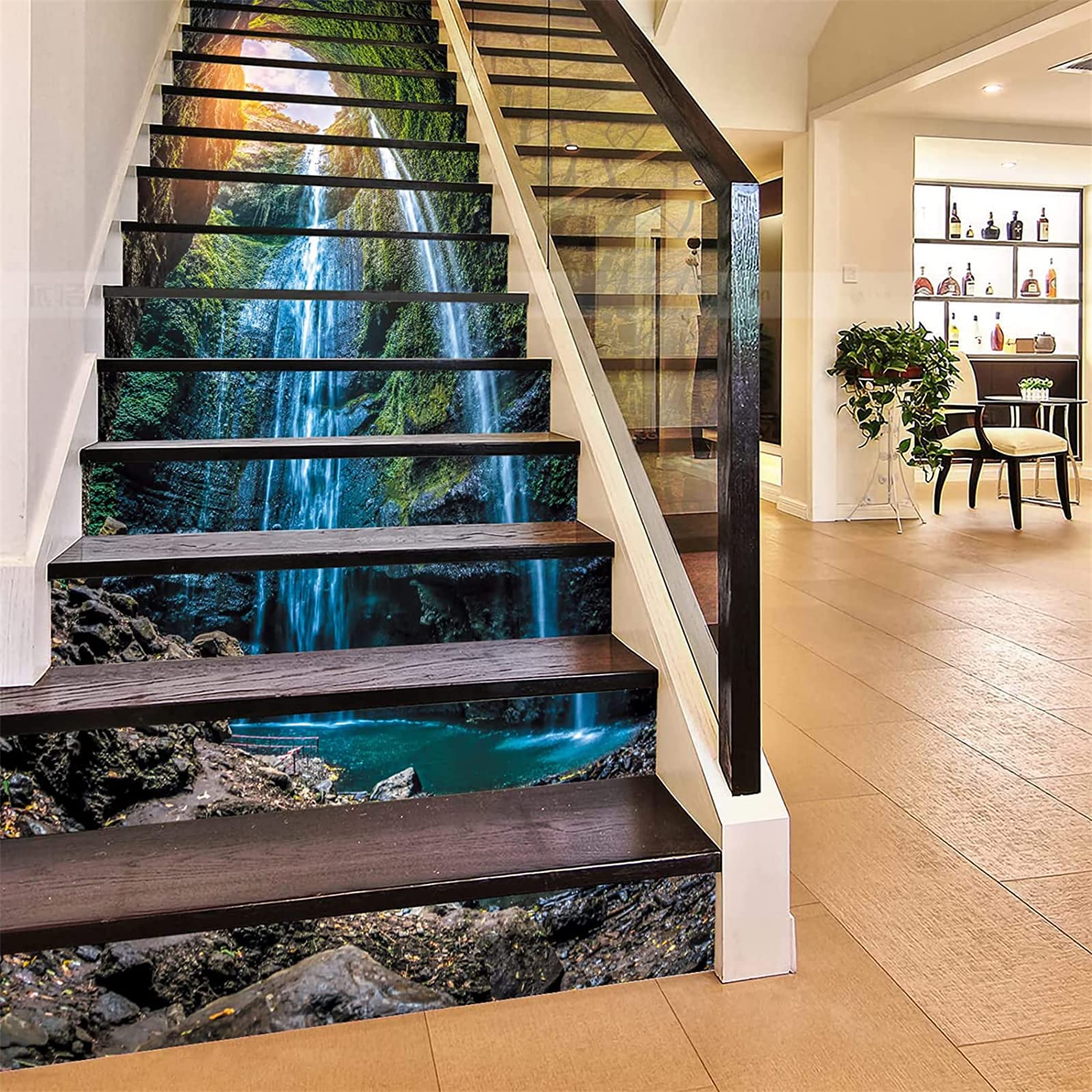 FLFK 13Pcs Stair Risers Stickers Peel and Sick 39.37"x7.08", Vinyl Staircase Stickers Decals, Sunshine Waterfall in deep Forest Mural Wallpaper for Stair Steps