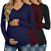 Velvelhall 3 Pack Women's Maternity Shirts Fleece Long Sleeve V Neck Ribbed Pregnancy Tops Slim Fit Base Layer Mama Clothes