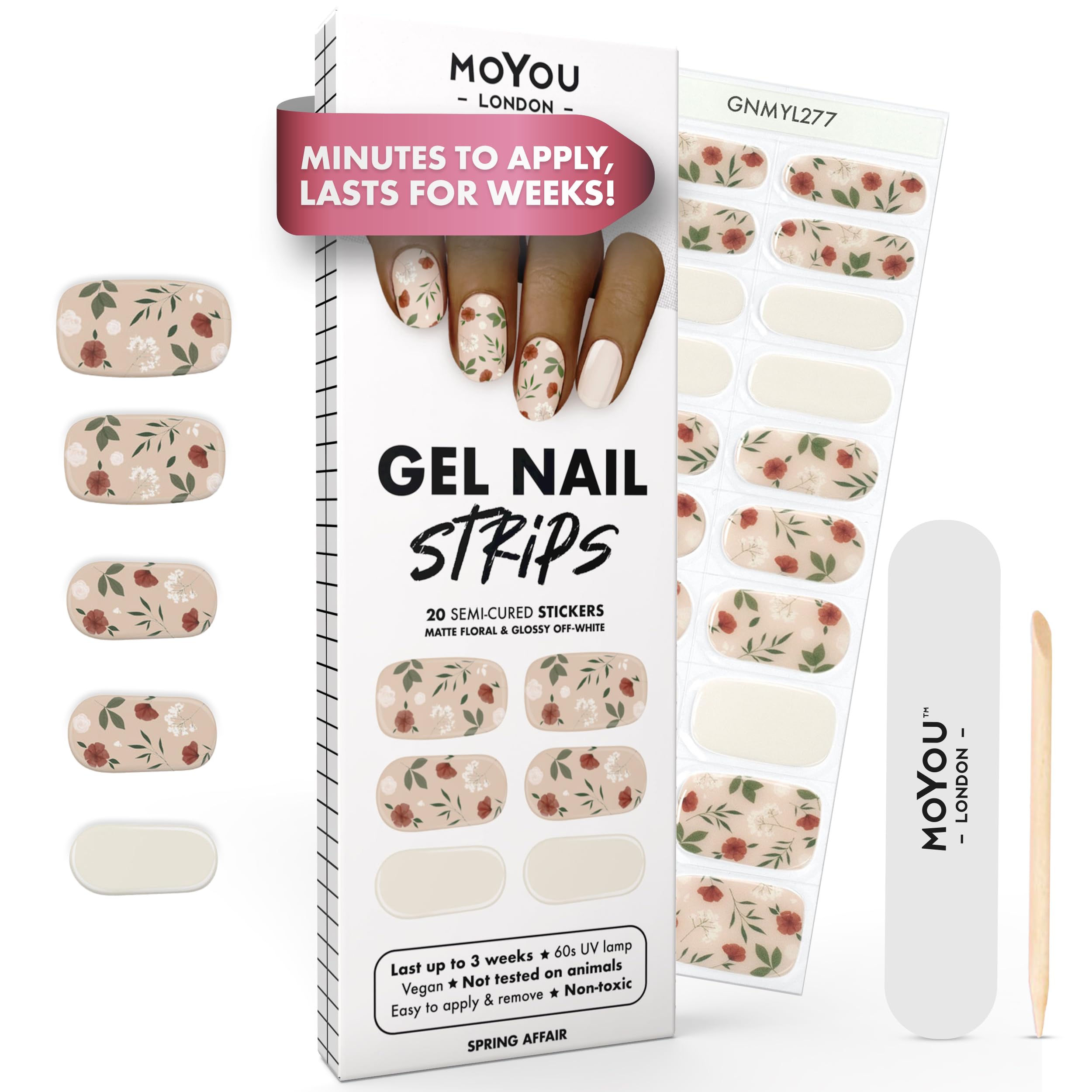 MOYOU LONDON Semi Cured Gel Nail Strips - 20 Pcs. Waterproof Gel Nail Wraps, Cures in Sunlight or UV/LED Lamp, Lasts Up to 2+ Weeks, Stretchable, Easy to Apply & Remove, Vegan & Cruelty-Free