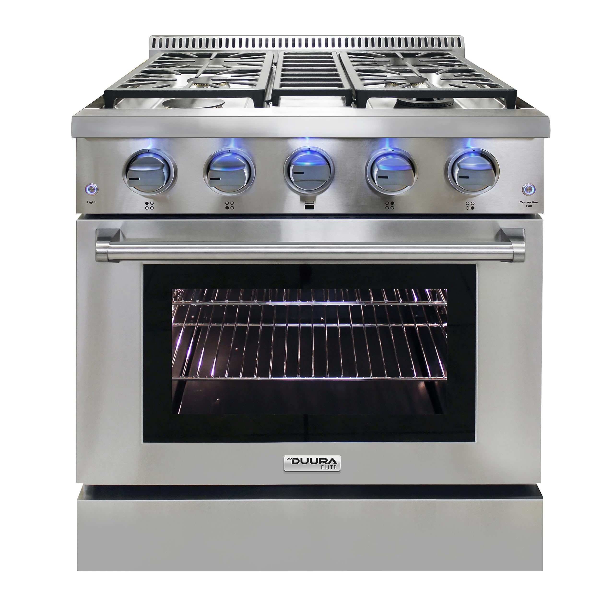 DUURA Elite DE300GRTSS Gas Range with 4 Burner Cooktop Freestanding 30-Inch with Porcelain Convection Oven and Broil Function, Continuous Grates with Stainless Steel Construction, Metallic