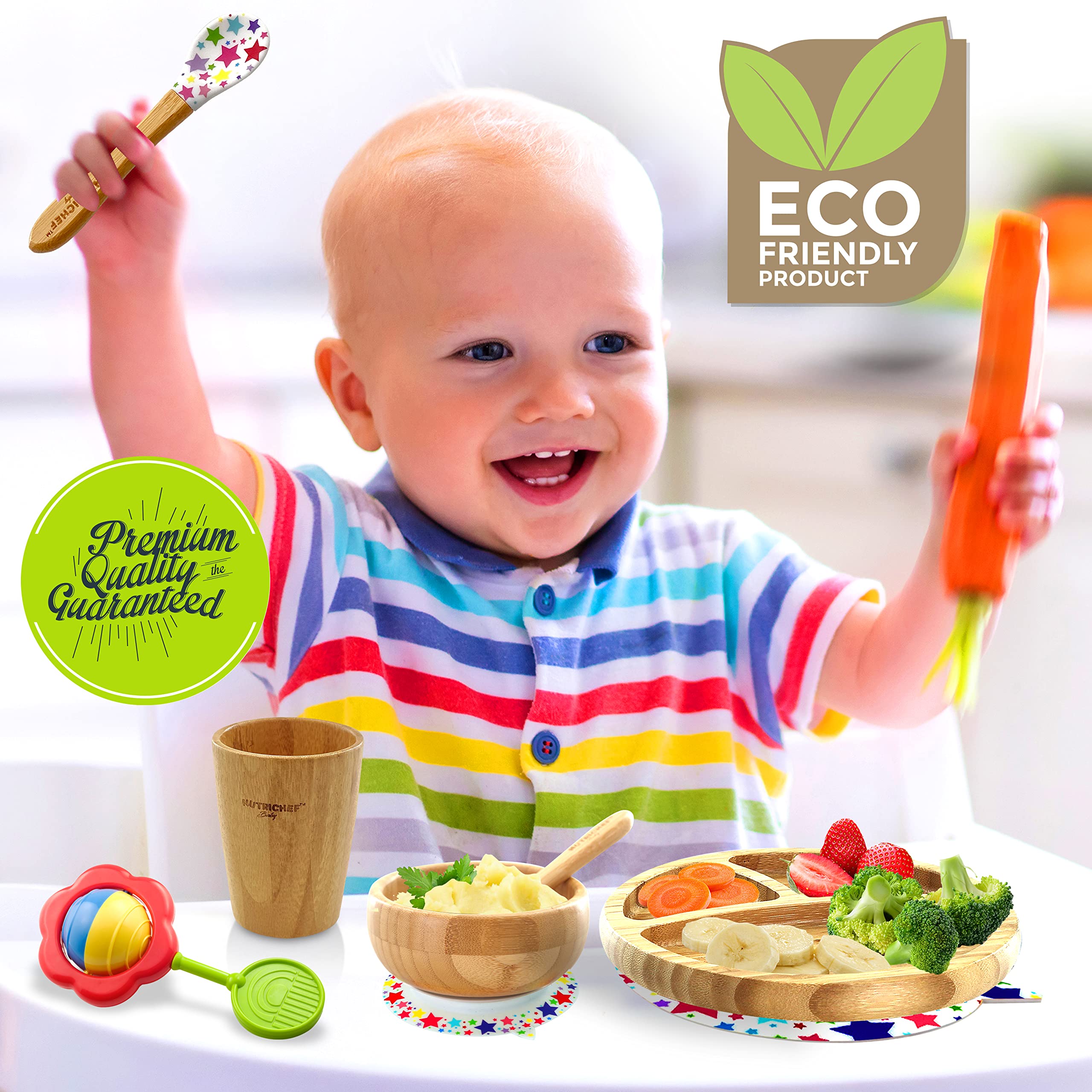 NutriChef Round Bamboo Baby Plate, Star Set with Cup