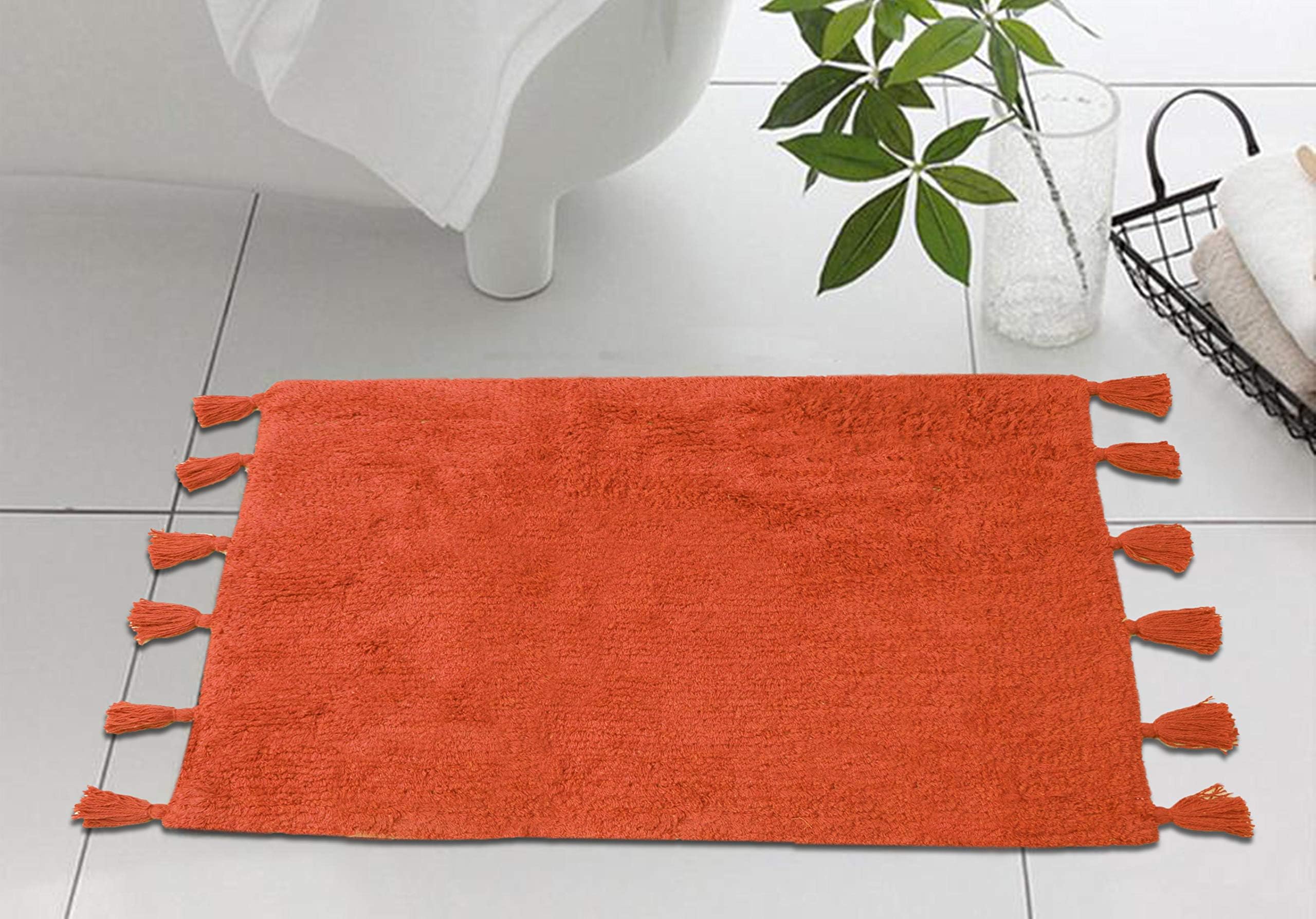 The Home Talk BathMat Doormat with Tassel Fringes, Cotton, Fllor Mat for Home Kids Room (50x80 cm, Orange)