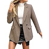 ELLEVEN Women's Oversized Boyfriend Blazer, Plaid Tweed Jacket Fully Lined - Fall Winter Coat for Work Office