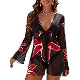Blooming Jelly Womens Swimsuit Coverup Mesh Bathing Suit Cover Ups Swimwear Floral Long Sleeve Tie Summer Beach Dress