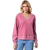 EELOTILE Women's 100% Cotton Retro Sweatshirt V-Neck Long Sleeve Loose Fit Pullover Tops