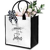Christian Tote Bag For Women, There Is Power In The Name Of Jesus Totes, Bible Verse Canvas Tote Bag For Travel, Religious Beach Bag With Ribbon, Christian Gifts For Women Friends Coworker -21