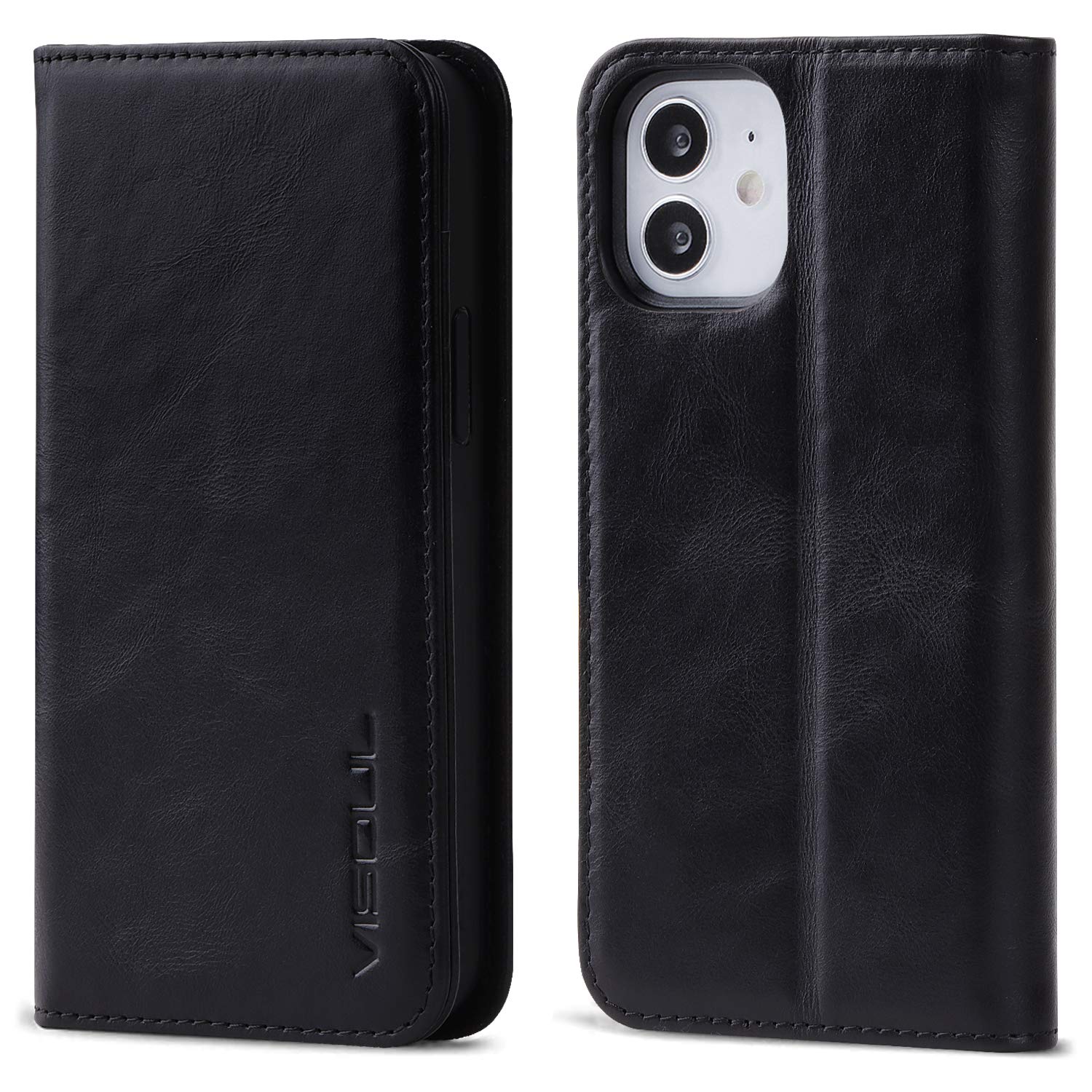 VISOUL Case for iPhone 12 Mini,Genuine Leather Wallet Case with RFID Blocking, TPU Shell, Kickstand, Card Holder, Folio Cover Compatible with iPhone 12 Mini, 5.4" Black