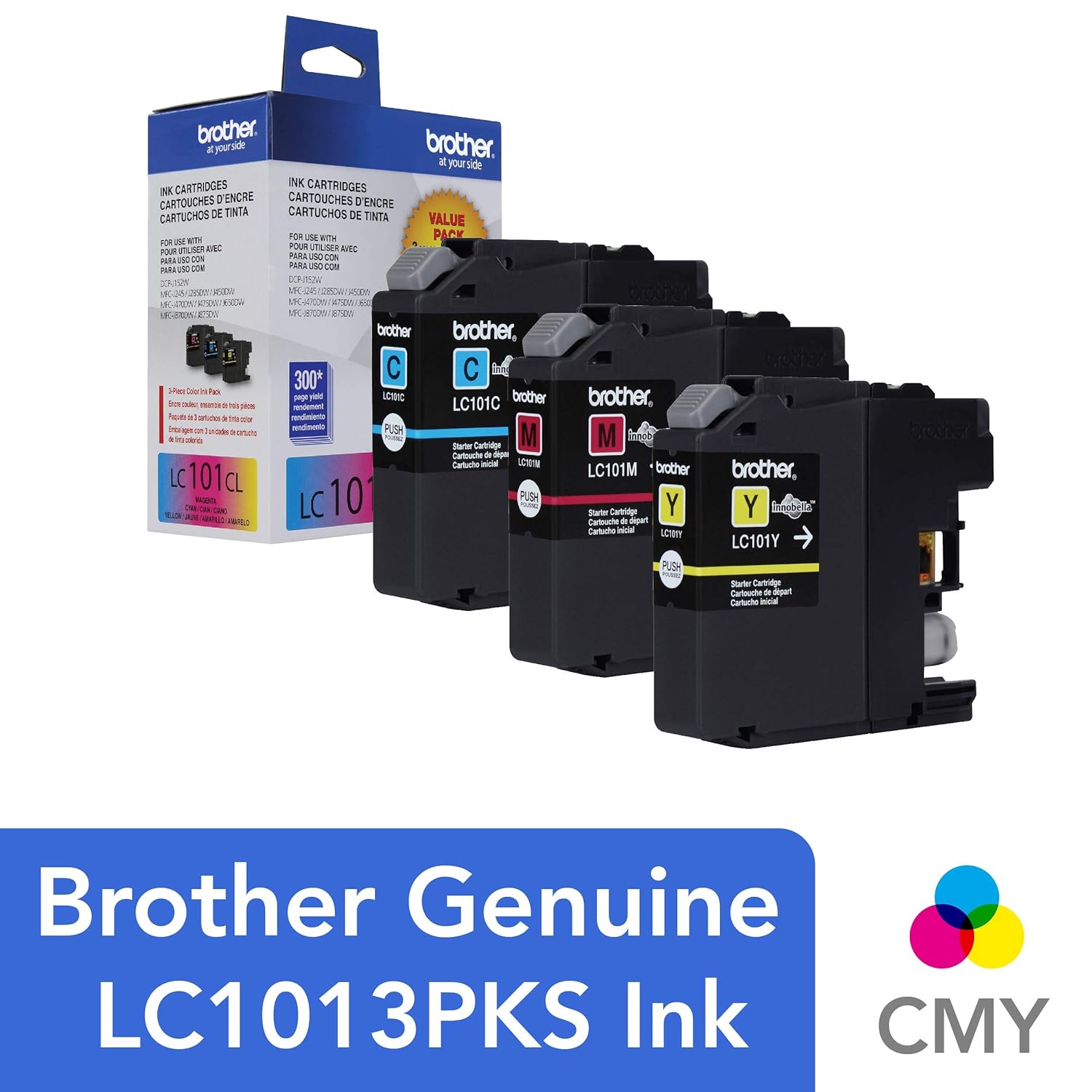 Brother Genuine Standard Yield Color Ink Cartridges, LC1013PKS, Replacement Color Ink Three Pack, Includes 1 Cartridge Each of Cyan, Magenta & Yellow, Page Yield Up to 300 Pages/Cartridge, LC101