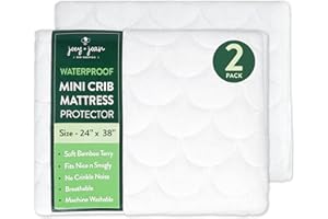 Joey + Joan Waterproof Mini Crib Mattress Protector – 2 Pack, 24" x 38" Quilted Ultra Soft Bamboo Viscose Terry Mini Crib Mattress Pad Cover – Noiseless & Breathable