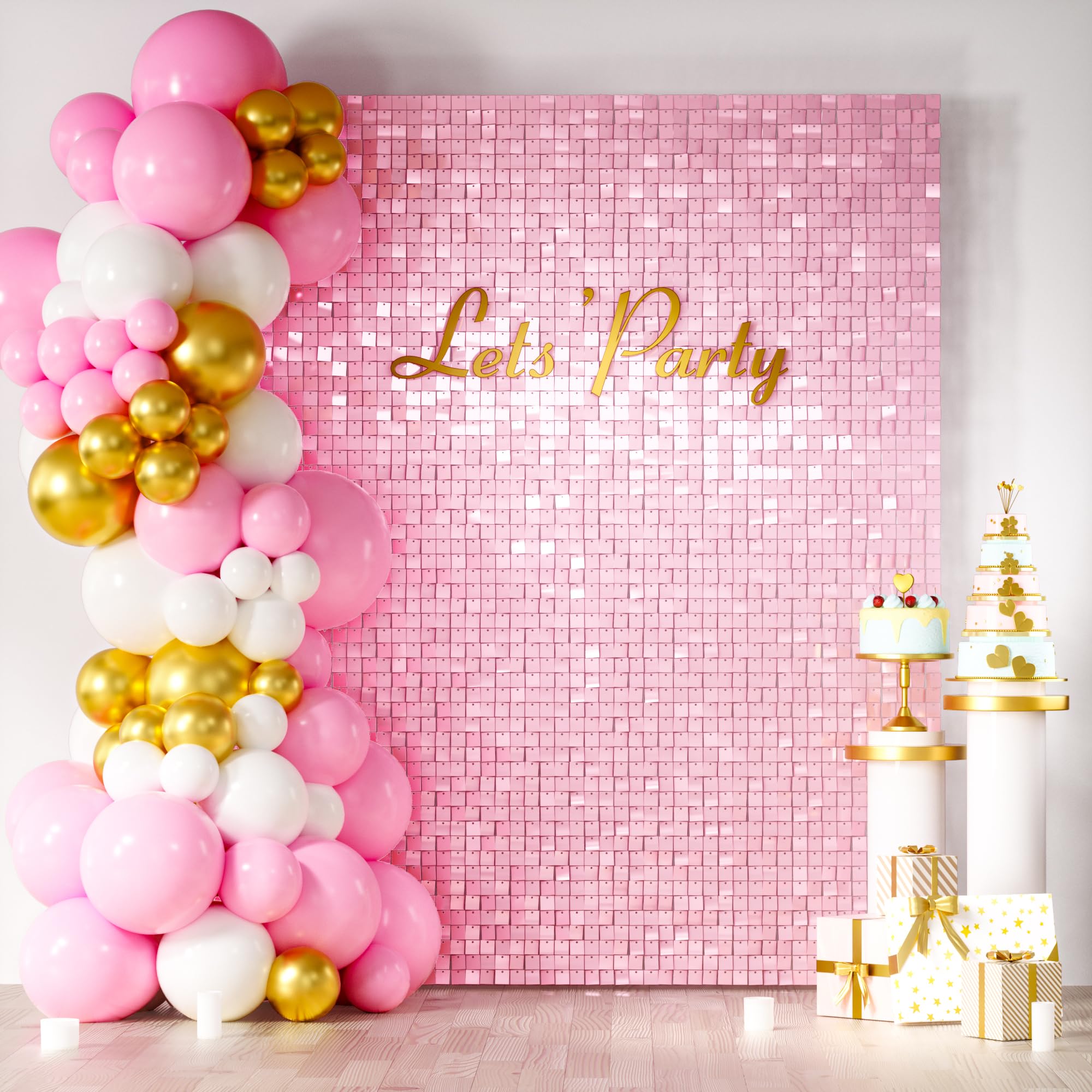 Photo 1 of COKAOBE Baby Pink Shimmer Wall Backdrop 24PCS Sequins Backdrop Decoration Panels, Photo Backdrops for Birthday, Anniversary Wedding Engagement Decoration
