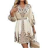 Floerns Women's Boho 3/4 Sleeve Empire Waist Dress Paisley Print V Neck Ruffle A Line Vacation Mini Dresses