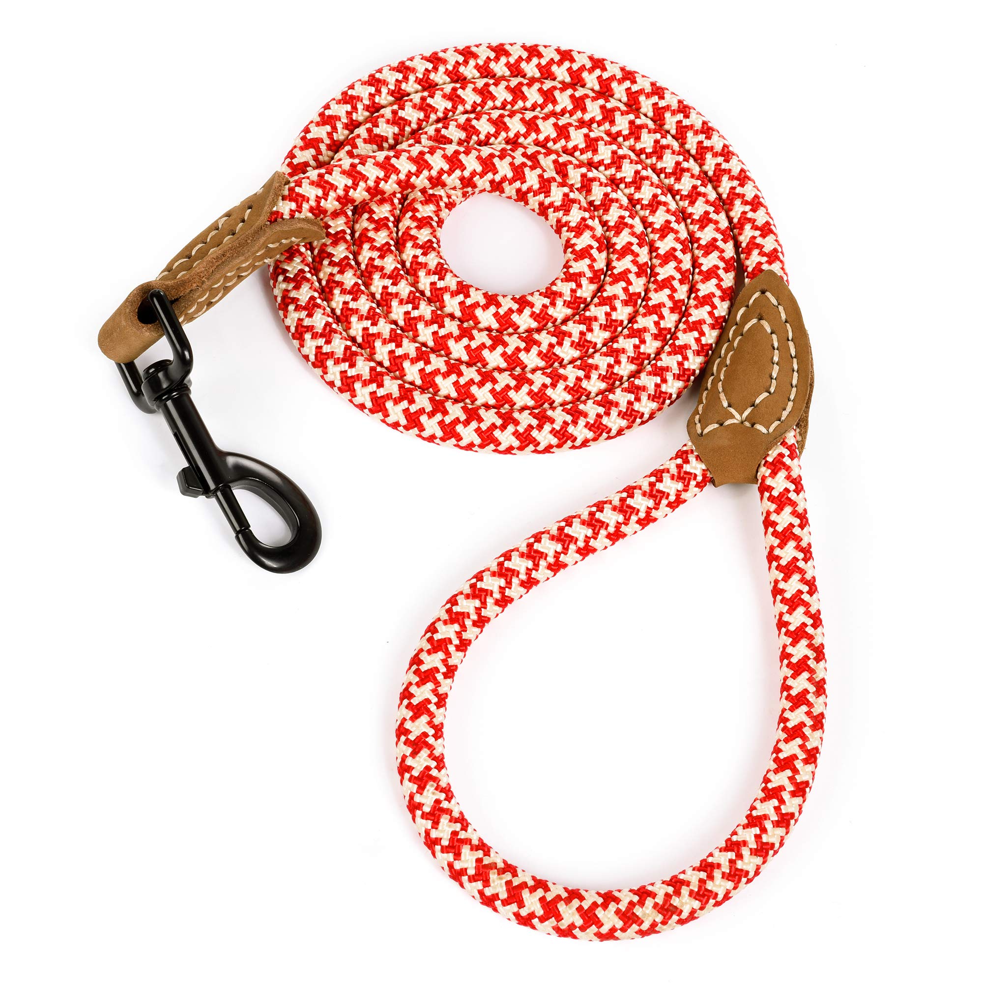 Mile High Life Rope Leash with Genuine Leather Connection, 6 FT/5 FT/4 FT, Heavy Duty Leash for Medium & Large Dogs(Red Khaki,48 Inch-1/2")