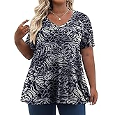 Tencede Womens Plus Size Tops Short Sleeve Tunic Shirts V Neck Summer Floral Loose Fit Blouse XL-5X