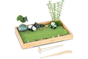 NIUBBI Zen Garden Kit for Desk 11''x7.5'' Room Decor with Green Sand, Panda Decorative Ornaments, Haystack, Ceramic Mountain, Stones and Rakes (Panda Bamboo)