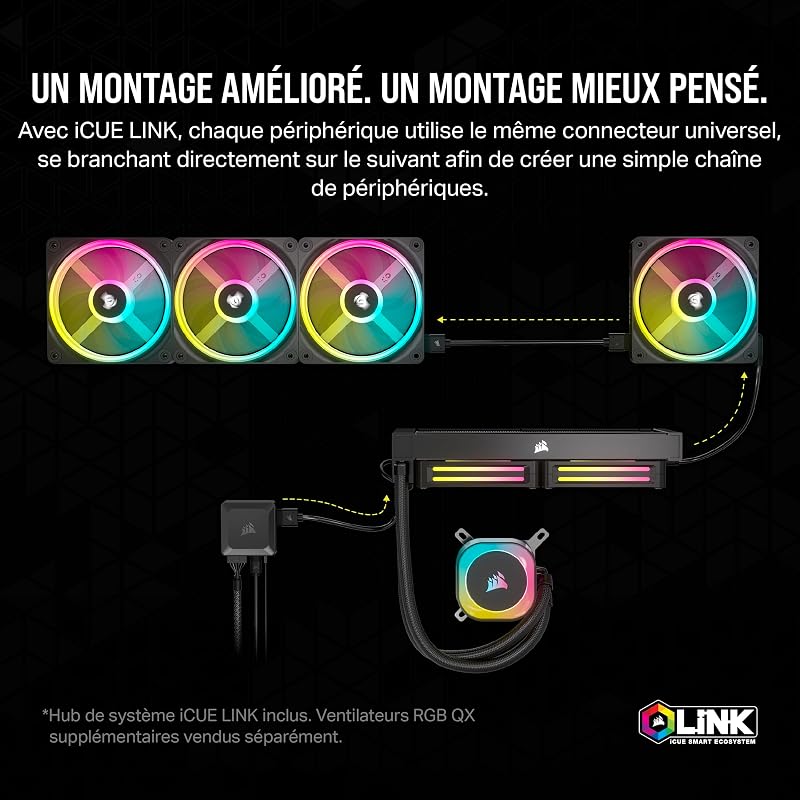 iCUE Link H115i RGB Liquid CPU Cooler - 280mm AIO - Ventilateurs QX140 RGB - Convient à Intel® LGA 1700, AMD® AM5 - Hub Système iCUE Link Inclus - Noir