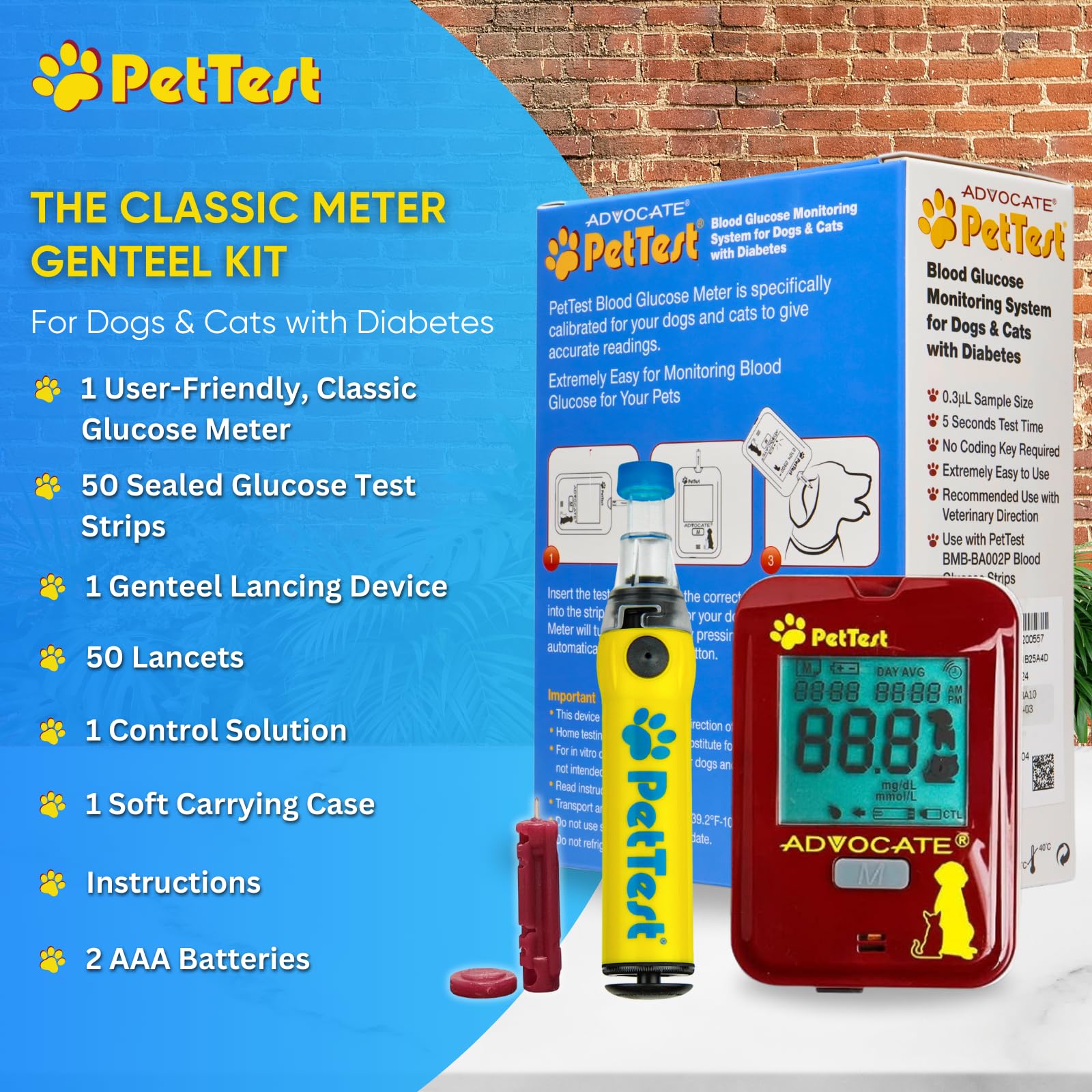 PetTest Painless Glucose Monitoring Kit for Dogs & Cats, Diabetic Pet Blood Sugar Check Gear, Includes Classic Meter, 50 Test Strips, Genteel Lancing Device, 50 Lancets, Soft Carrying Case, and More
