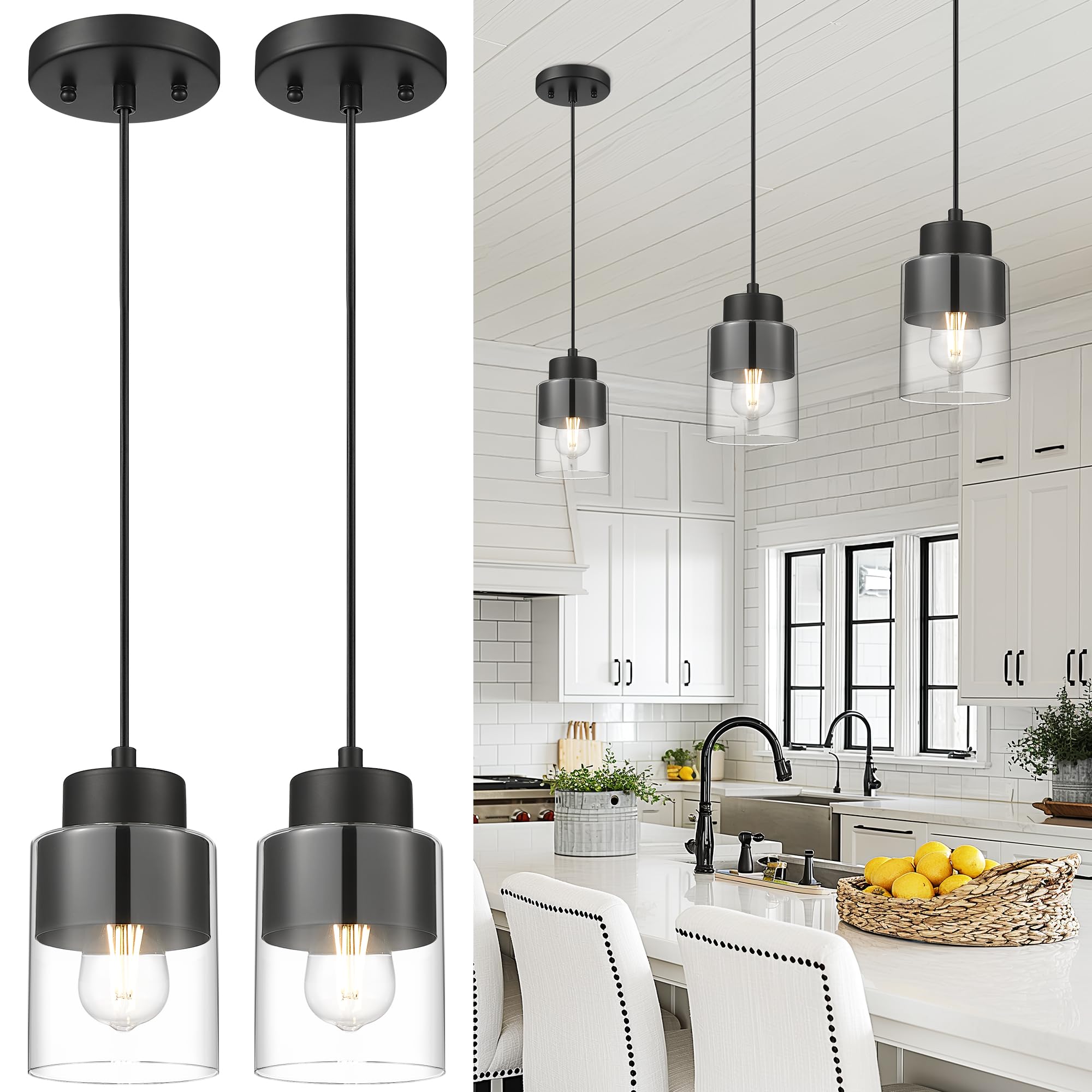 Photo 1 of Audickic 2-Pack Pendant Lights Kitchen Island, Dual Shade Hanging Lights Fixtures with Metal and Clear Glass, Modern Matte Black Kitchen Pendant Lighting Over Island for Dining Room, AD-24022-1P2-BK