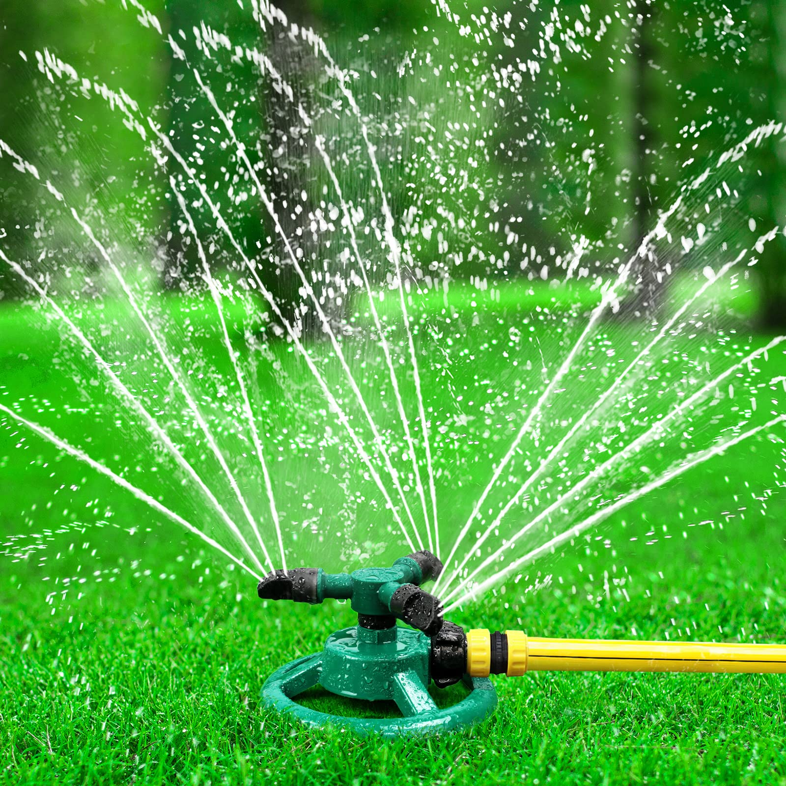 HTLY SPR Garden Sprinkler, Automatic Lawn Sprinkler 360 Degree Rotating 3 Arms Adjustable Water Sprinkler System Large Coverage for Garden Plants Lawn Watering Lawn Irrigation