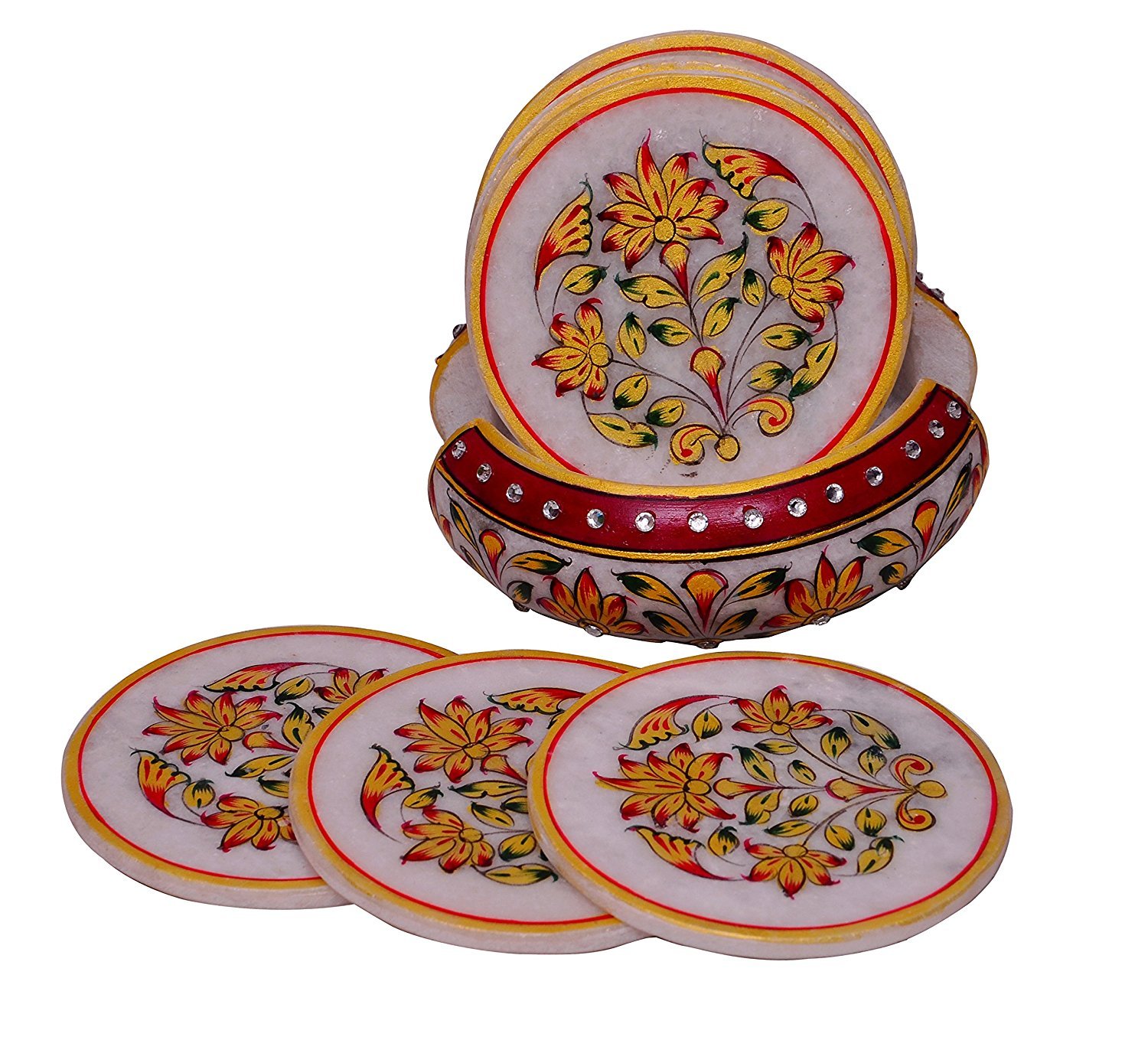 Purpledip Indian gift item: Handpainted Marble Coasters, Set of 6 in a marble holder (10569)
