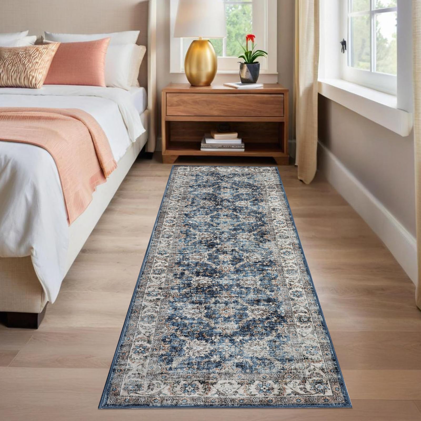 Photo 1 of GarveeHome Washable Runner Rug 2.5x8 Vintage Carpet Runner with Non Slip Backing Foldable Non Shedding Retro Accent Low Pile Distressed Throw Rug for Hallway Office Bedroom, Blue