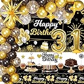 Miidenks 31st Birthday Decorations for Him, 31 Birthday Decorations Include Black and Gold Backdrop Banner, Tablecloth, Gold 31 Number Balloons, Explosion Star Balloons