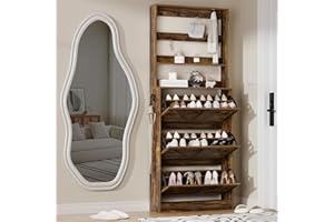 EOYUTLLY Shoe Cabinet Storage for Entryway, Narrow Shoe Rack Cabinet with 3 Flip Drawers & Coat Rack, Hidden Shoe Storage Cabinet, 2-in-1 Hall Tree Slim Freestanding Shoe Rack Organizer, Rustic Brown