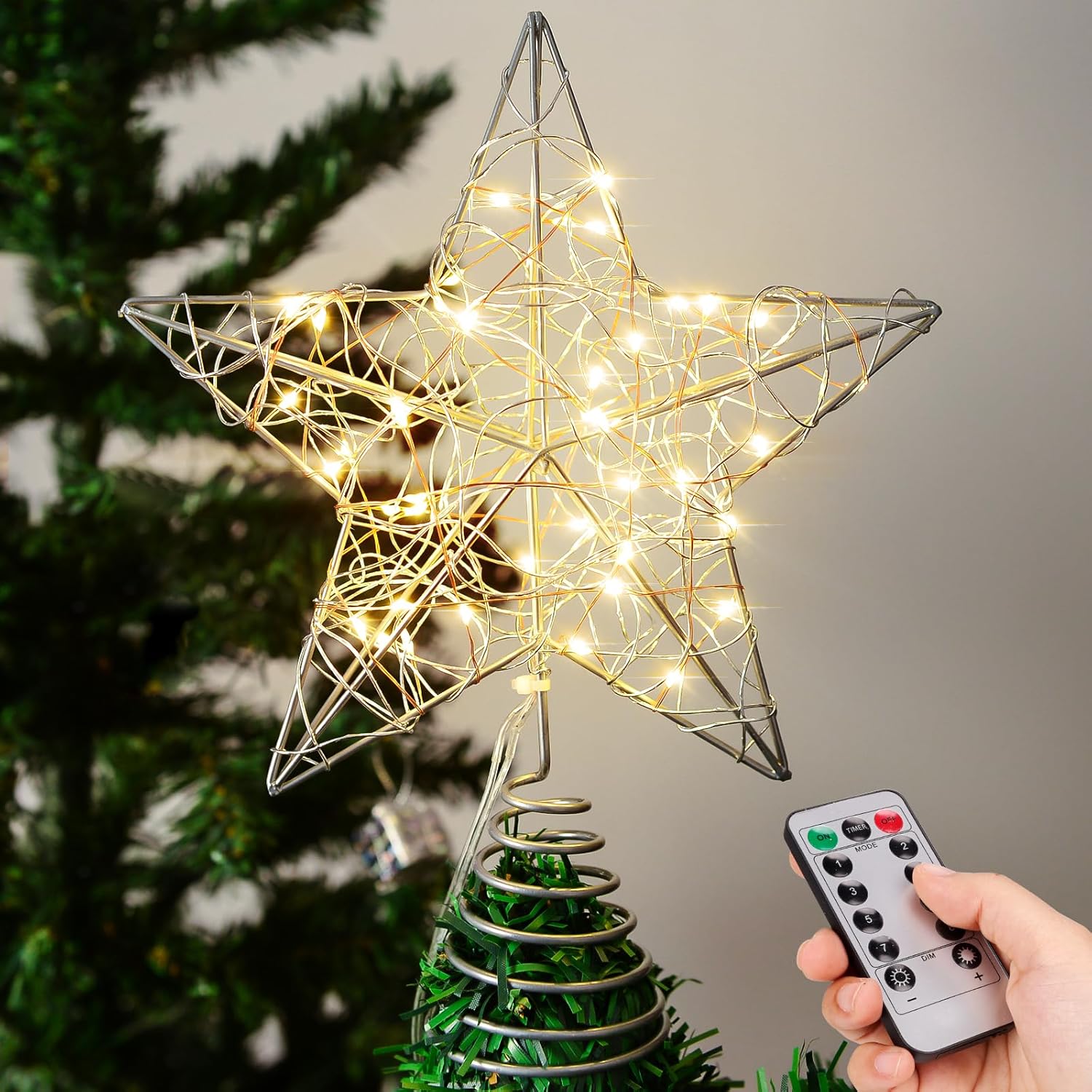 Tree Toppers - Verdenu 10'' Christmas Tree Topper Lighted in 8 Modes, Christmas Star Tree Topper with 40 LED Lights, Metal Star Tree Topper with Remote Control for Christmas Decorations, Home Decorations