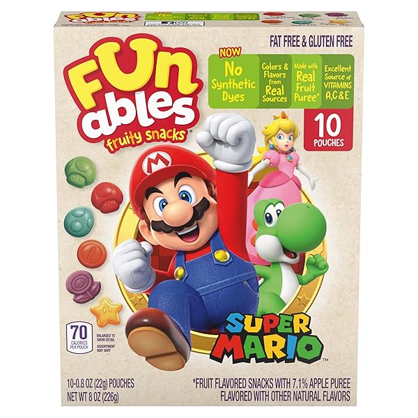 FUNABLES FRUITY SNACKS, SUPER MARIO, ASSORTED FRUIT, FLAVORED SNACKS, 0.8 OZ 10 CT