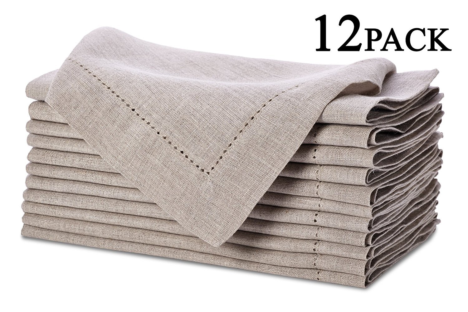 Pure Linen Oversized Napkins 12 Pack - Pure Linen Hemstitch Napkins - (Set of 12) Size 20x20 Natural - Hand Crafted and Hand Stitched Napkins with Hemstitch detailing on Genuine Linen Fabric