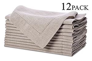 Pure Linen Oversized Napkins 12 Pack - Pure Linen Hemstitch Napkins - (Set of 12) Size 20x20 Natural - Hand Crafted and Hand Stitched Napkins with Hemstitch detailing on Genuine Linen Fabric