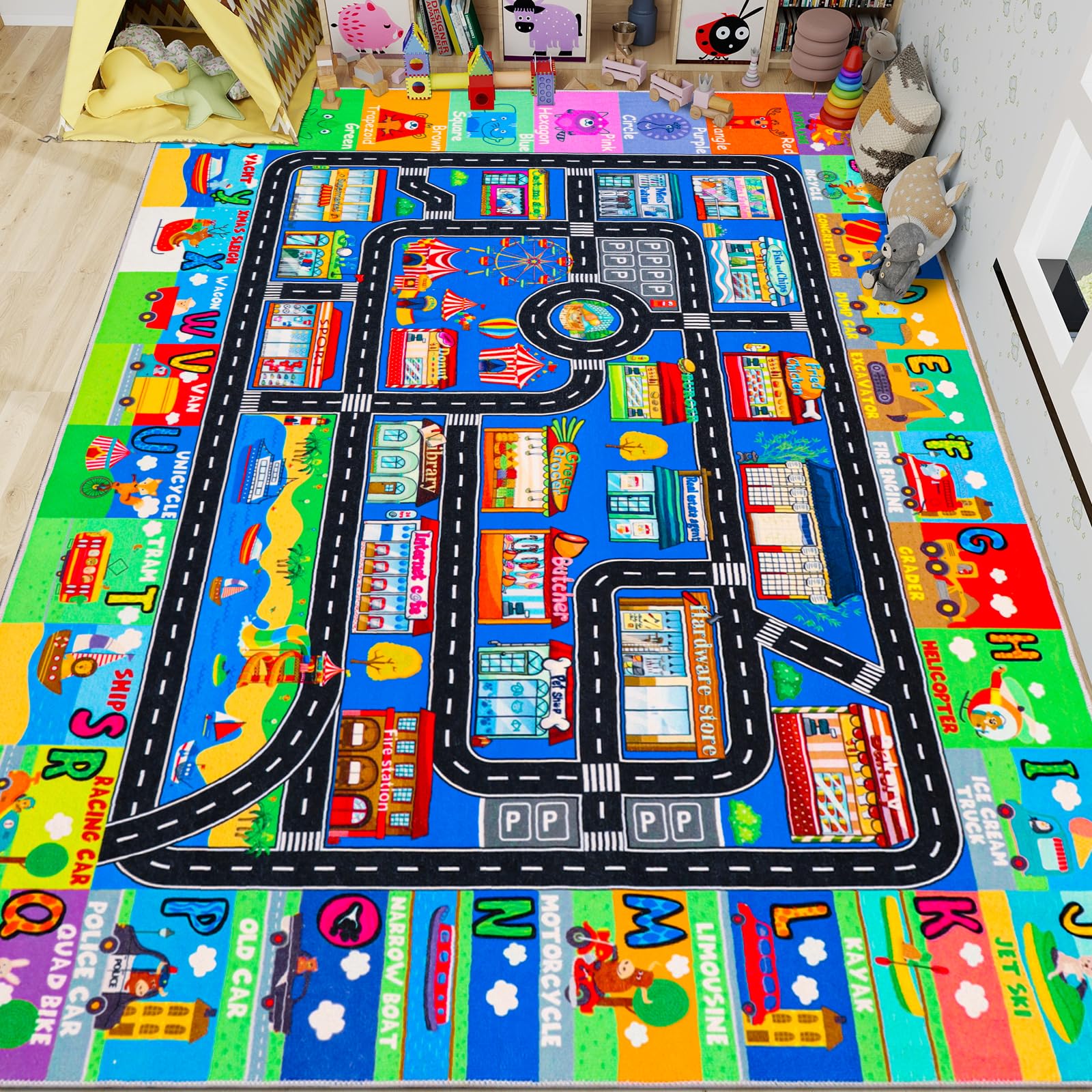 DINSUMRUG Kids Rugs for Toy Cars Playroom 78.7"×59" ABC Transportation ...