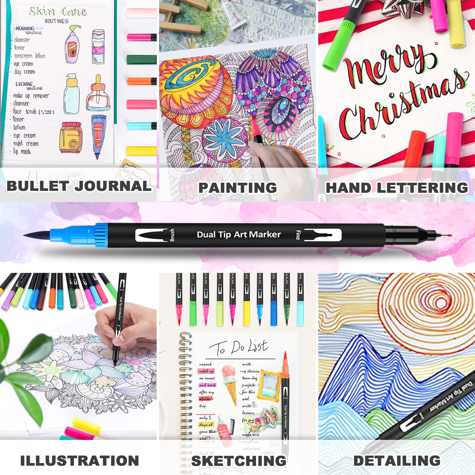 wonsar Dual Brush Pen Set: Filzstifte 24 Farben Dicke und Dünne Pinselstifte Marker Fineliner Aquarell Für Bullet Journal, Malbücher, Handlettering, Mandala stifte Malstifte Für Kinder und Erwachsene 3