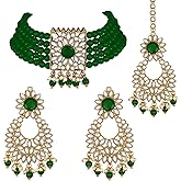 Aheli Jodha Akbar Faux Kundan Faux Pearl Choker Necklace with Earring Maang Tikka Indian Traditional Bollywood Bridal Jewelry Set Gift for Women