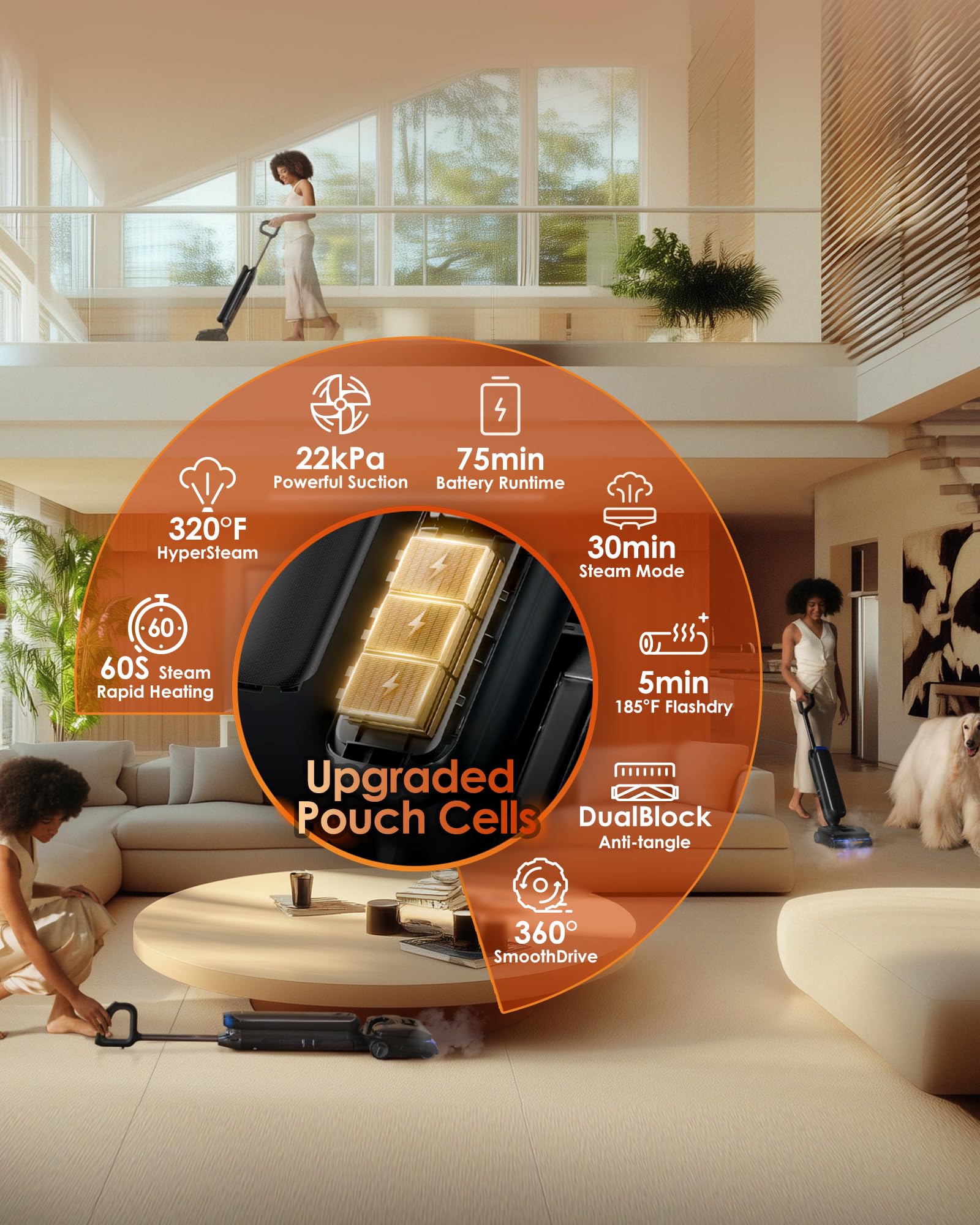 Tineco Floor One S9 Artist Aspiradora en seco y húmedo a vapor, limpieza a vapor a alta temperatura, succión de 22 kPa, SmoothDrive de 360°, diseño antienredos, secado rápido a 185°F, tiempo de funcionamiento prolongado, posición plana de 180°