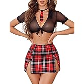 Avidlove Lingerie Set for Women Sexy Schoolgirl Outfits Costume Mesh Sheer Tie Top and Mini Skirt with Thong