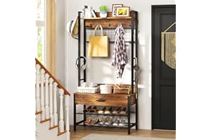 DKLGG Hall Tree with Bench and Shoe Storage for Entryway, 5-in-1 Coat Rack with Shoe Storage, Wood Look Accent Shoe and Coat Rack, Farmhouse Hall Tree with 12 Hooks for Mudroom, Bedroom, Living Room