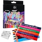 PABLUE Short Triangular Jumbo Colored Pencils with Sharpener, 12 Colors | Fat, Pre-Sharpened Design for Grip. Art Supplies Gift for School, Students, Beginners for Drawing, Doodling and Coloring Book